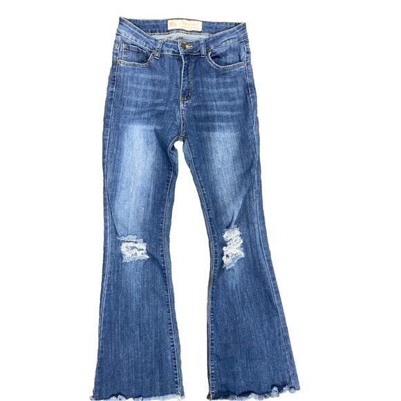 70's Pink Label Social Club New York Torn Blue Jeans Flared Juniors Size 7 - Picture 1 of 4